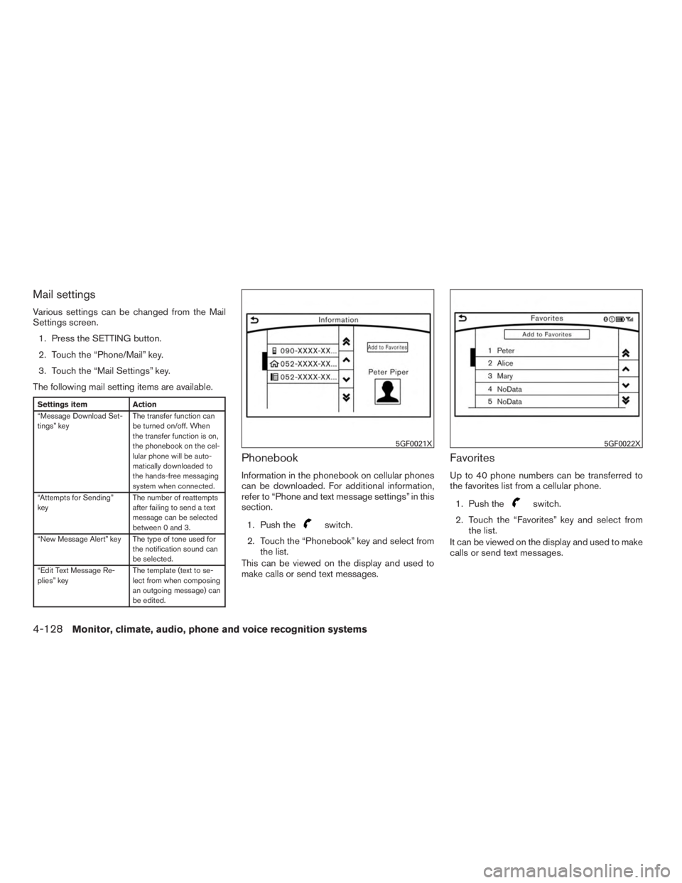 INFINITI QX60 2017 Owners Manual Mail settings
Various settings can be changed from the Mail
Settings screen.1. Press the SETTING button.
2. Touch the “Phone/Mail” key.
3. Touch the “Mail Settings” key.
The following mail set INFINITI QX60 2017 Owners Manual Mail settings
Various settings can be changed from the Mail
Settings screen.1. Press the SETTING button.
2. Touch the “Phone/Mail” key.
3. Touch the “Mail Settings” key.
The following mail set