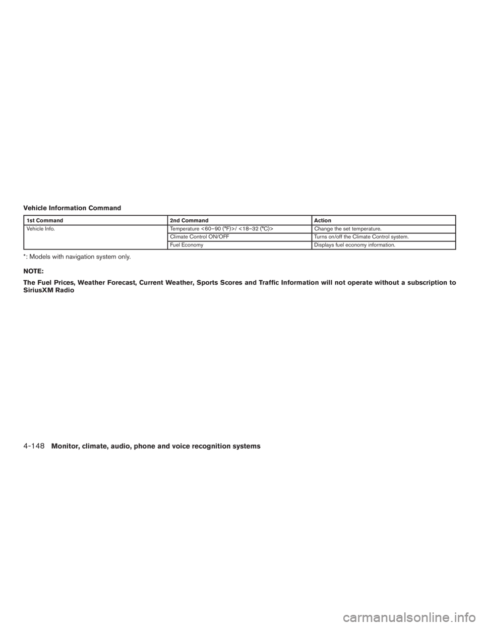 INFINITI QX60 2017 Owners Manual Vehicle Information Command
1st Command2nd Command Action
Vehicle Info. Temperature <60–90 (°F)>/ <18–32 (°C)> Change the set temperature.
Climate Control ON/OFF Turns on/off the Climate Control INFINITI QX60 2017 Owners Manual Vehicle Information Command
1st Command2nd Command Action
Vehicle Info. Temperature <60–90 (°F)>/ <18–32 (°C)> Change the set temperature.
Climate Control ON/OFF Turns on/off the Climate Control