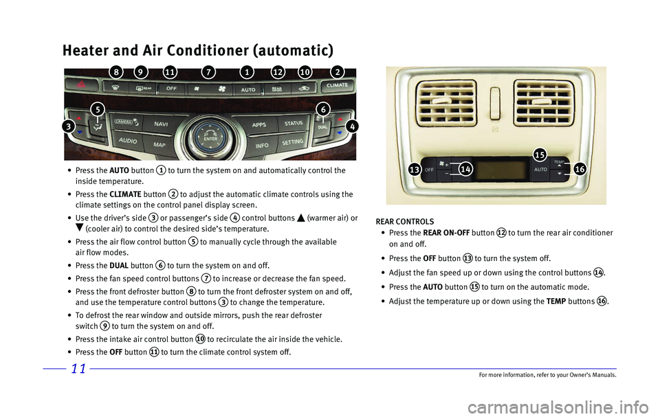 INFINITI QX60 2017 Quick Reference Guide 11
Heater and Air Conditioner (automatic)
• Press the AUTO button 1 to turn the system on and automatically control the
inside temperature.
•
Press the CLIMATE button
2 to adjust INFINITI QX60 2017 Quick Reference Guide 11
Heater and Air Conditioner (automatic)
• Press the AUTO button 1 to turn the system on and automatically control the
inside temperature.
•
Press the CLIMATE button
2 to adjust