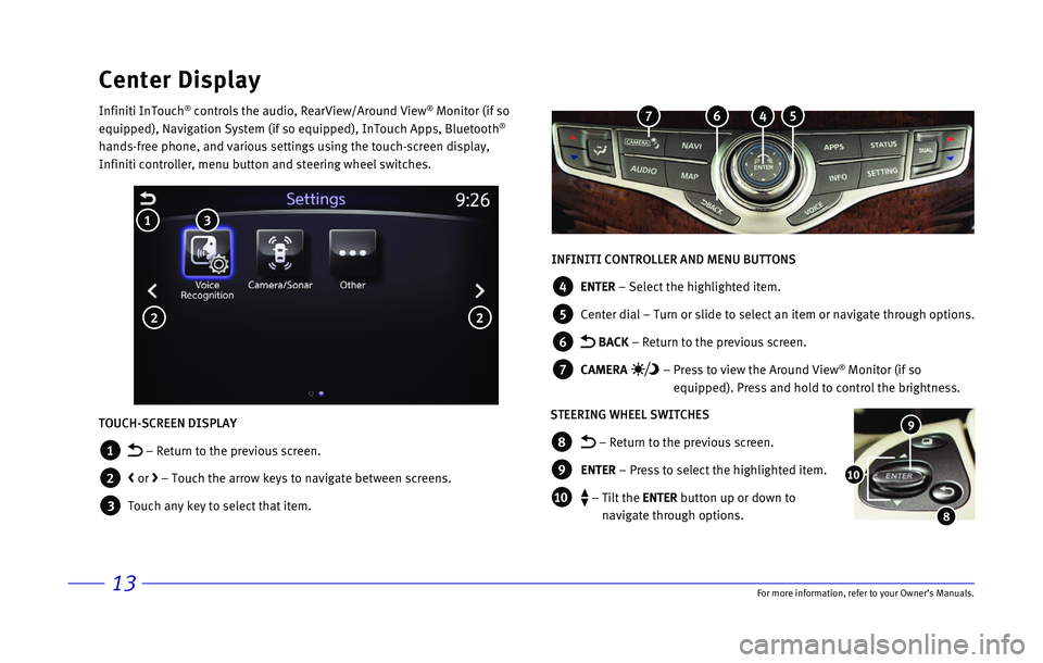 INFINITI QX60 2017 Quick Reference Guide 13\bor more informatio\nn, refer to your Ow\nner’s Manuals.
Center Display
Infiniti InTou\fh® \fontrols the audio\n, RearView/Around V\niew® Monitor (if so
equipped), Navigatio\nn System (if so e INFINITI QX60 2017 Quick Reference Guide 13\bor more informatio\nn, refer to your Ow\nner’s Manuals.
Center Display
Infiniti InTou\fh® \fontrols the audio\n, RearView/Around V\niew® Monitor (if so
equipped), Navigatio\nn System (if so e