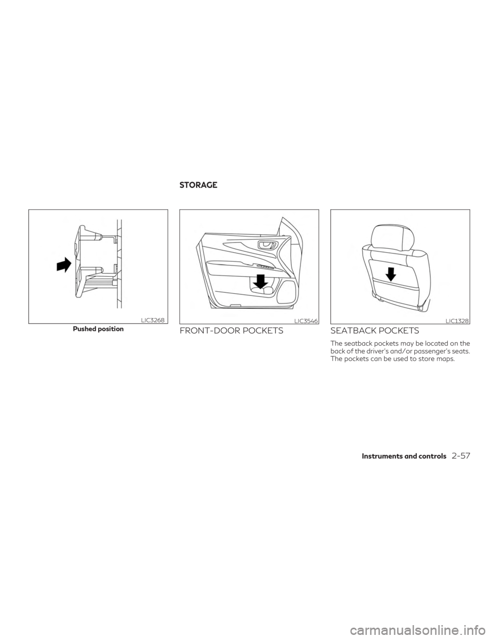 INFINITI QX60 2018  Owners Manual FRONT-DOOR POCKETSSEATBACK POCKETS
The seatback pockets may be located on the
back of the driver’s and/or passenger’s seats.
The pockets can be used to store maps.
Pushed position
LIC3268LIC3546LI