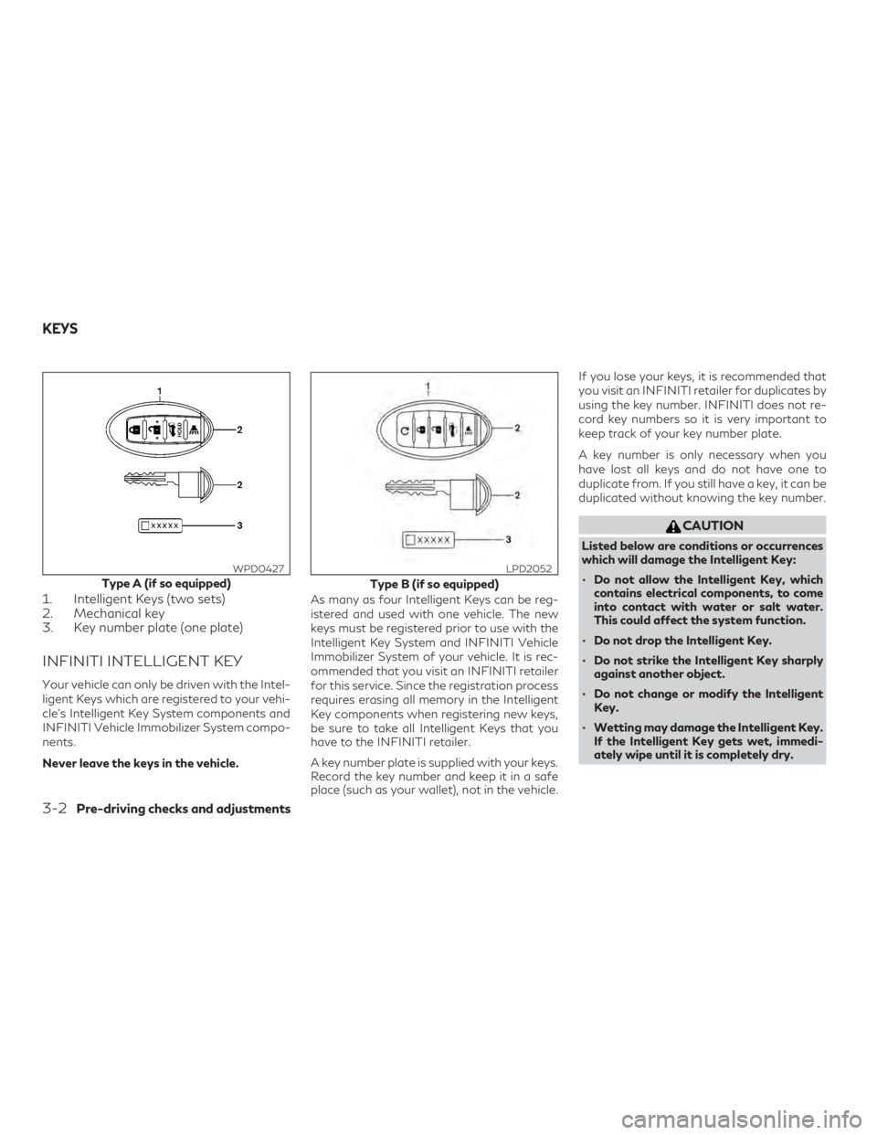 INFINITI QX60 2018  Owners Manual 1. Intelligent Keys (two sets)
2. Mechanical key
3. Key number plate (one plate)
INFINITI INTELLIGENT KEY
Your vehicle can only be driven with the Intel-
ligent Keys which are registered to your vehi-