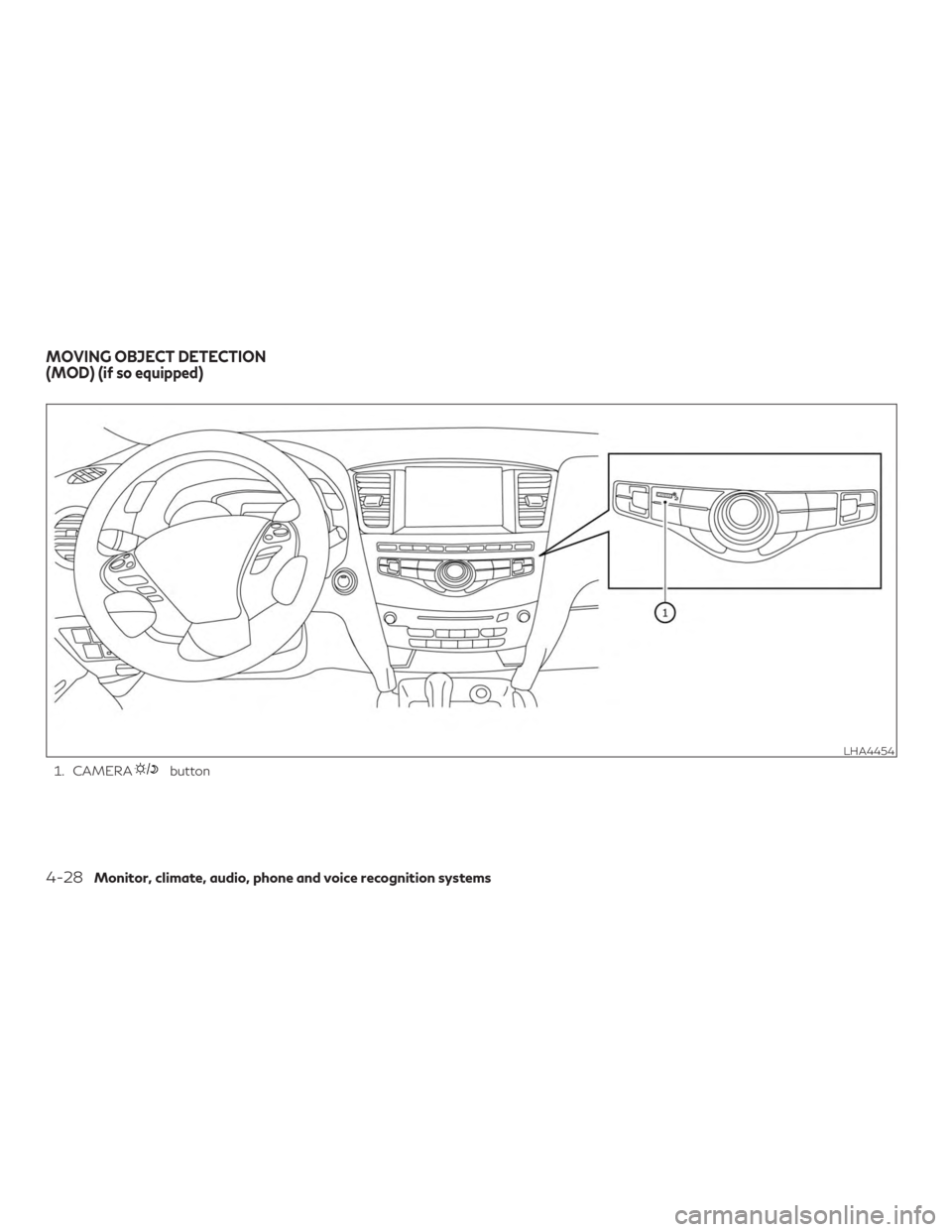INFINITI QX60 2018  Owners Manual 1. CAMERAbutton
LHA4454
MOVING OBJECT DETECTION
(MOD) (if so equipped)
4-28Monitor, climate, audio, phone and voice recognition systems 