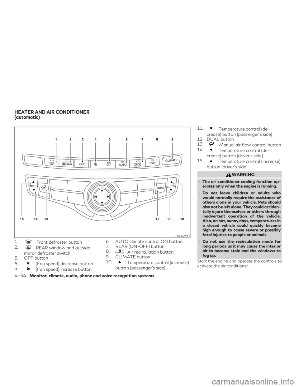 INFINITI QX60 2018  Owners Manual 1.Front defroster button
2.
REAR window and outside
mirror defroster switch
3. OFF button
4.
(Fan speed) decrease button
5.
(Fan speed) increase button 6. AUTO climate control ON button
7. REAR (ON-OF