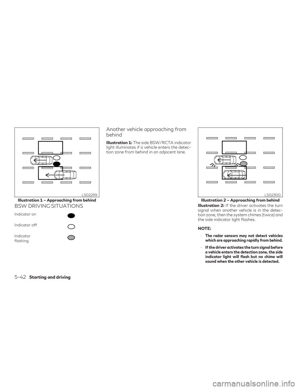 INFINITI QX60 2018 Owners Manual BSW DRIVING SITUATIONS
Indicator on
Indicator off
Indicator
flashing
Another vehicle approaching from
behind
Illustration 1:The side BSW/RCTA indicator
light illuminates if a vehicle enters the detec- INFINITI QX60 2018 Owners Manual BSW DRIVING SITUATIONS
Indicator on
Indicator off
Indicator
flashing
Another vehicle approaching from
behind
Illustration 1:The side BSW/RCTA indicator
light illuminates if a vehicle enters the detec-