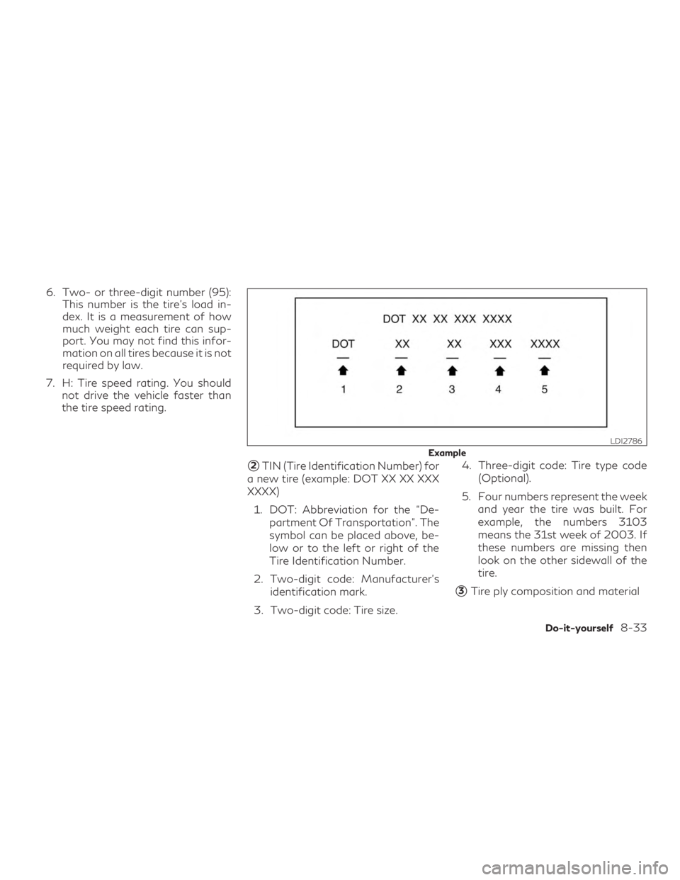INFINITI QX60 2018  Owners Manual 6. Two- or three-digit number (95):This number is the tire’s load in-
dex. It is a measurement of how
much weight each tire can sup-
port. You may not find this infor-
mation on all tires because it