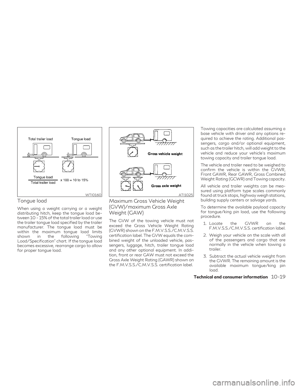 INFINITI QX60 2018 Owners Manual Tongue load
When using a weight carrying or a weight
distributing hitch, keep the tongue load be-
tween 10 - 15% of the total trailer load or use
the trailer tongue load specified by the trailer
manuf INFINITI QX60 2018 Owners Manual Tongue load
When using a weight carrying or a weight
distributing hitch, keep the tongue load be-
tween 10 - 15% of the total trailer load or use
the trailer tongue load specified by the trailer
manuf