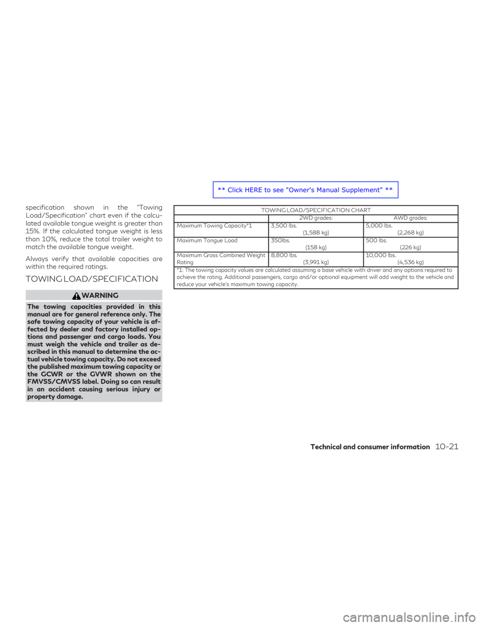 INFINITI QX60 2018 Owners Manual specification shown in the “Towing
Load/Specification” chart even if the calcu-
lated available tongue weight is greater than
15%. If the calculated tongue weight is less
than 10%, reduce the tota INFINITI QX60 2018 Owners Manual specification shown in the “Towing
Load/Specification” chart even if the calcu-
lated available tongue weight is greater than
15%. If the calculated tongue weight is less
than 10%, reduce the tota