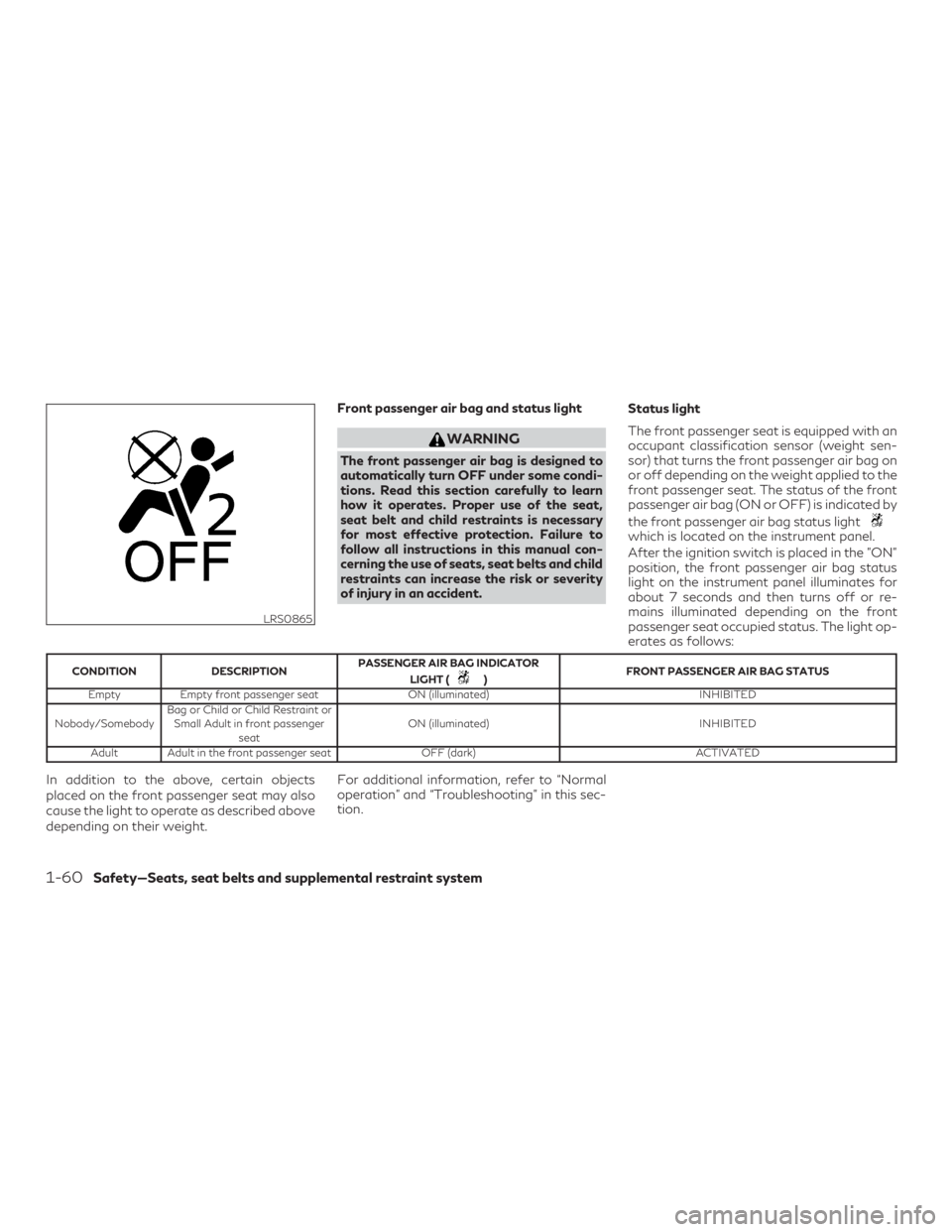 INFINITI QX60 2018 Manual Online Front passenger air bag and status light
WARNING
The front passenger air bag is designed to
automatically turn OFF under some condi-
tions. Read this section carefully to learn
how it operates. Proper INFINITI QX60 2018 Manual Online Front passenger air bag and status light
WARNING
The front passenger air bag is designed to
automatically turn OFF under some condi-
tions. Read this section carefully to learn
how it operates. Proper