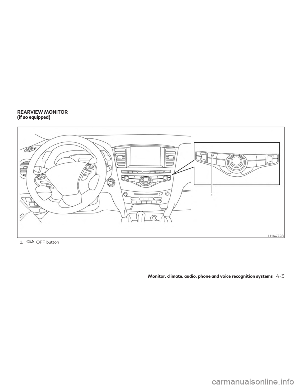 INFINITI QX60 2019  Owners Manual 1.OFF button
LHA4728
REARVIEW MONITOR
(if so equipped)
Monitor, climate, audio, phone and voice recognition systems4-3 