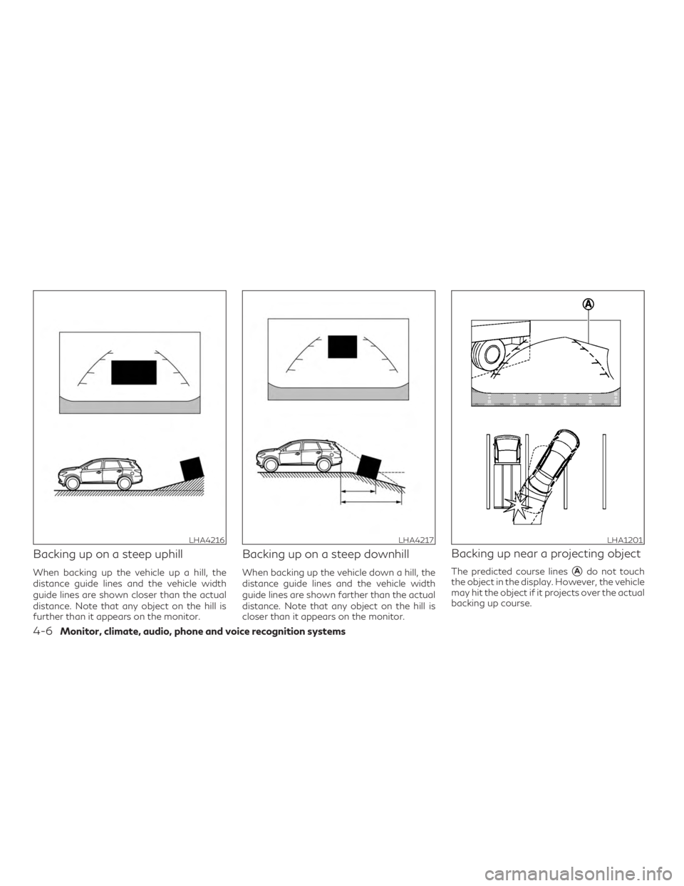 INFINITI QX60 2019 Workshop Manual Backing up on a steep uphill
When backing up the vehicle up a hill, the
distance guide lines and the vehicle width
guide lines are shown closer than the actual
distance. Note that any object on the hi
