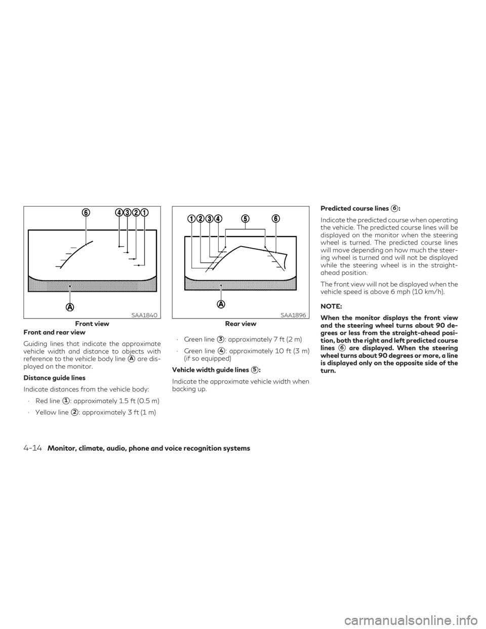 INFINITI QX60 2019 Workshop Manual Front and rear view
Guiding lines that indicate the approximate
vehicle width and distance to objects with
reference to the vehicle body line
Aare dis-
played on the monitor.
Distance guide lines
Ind