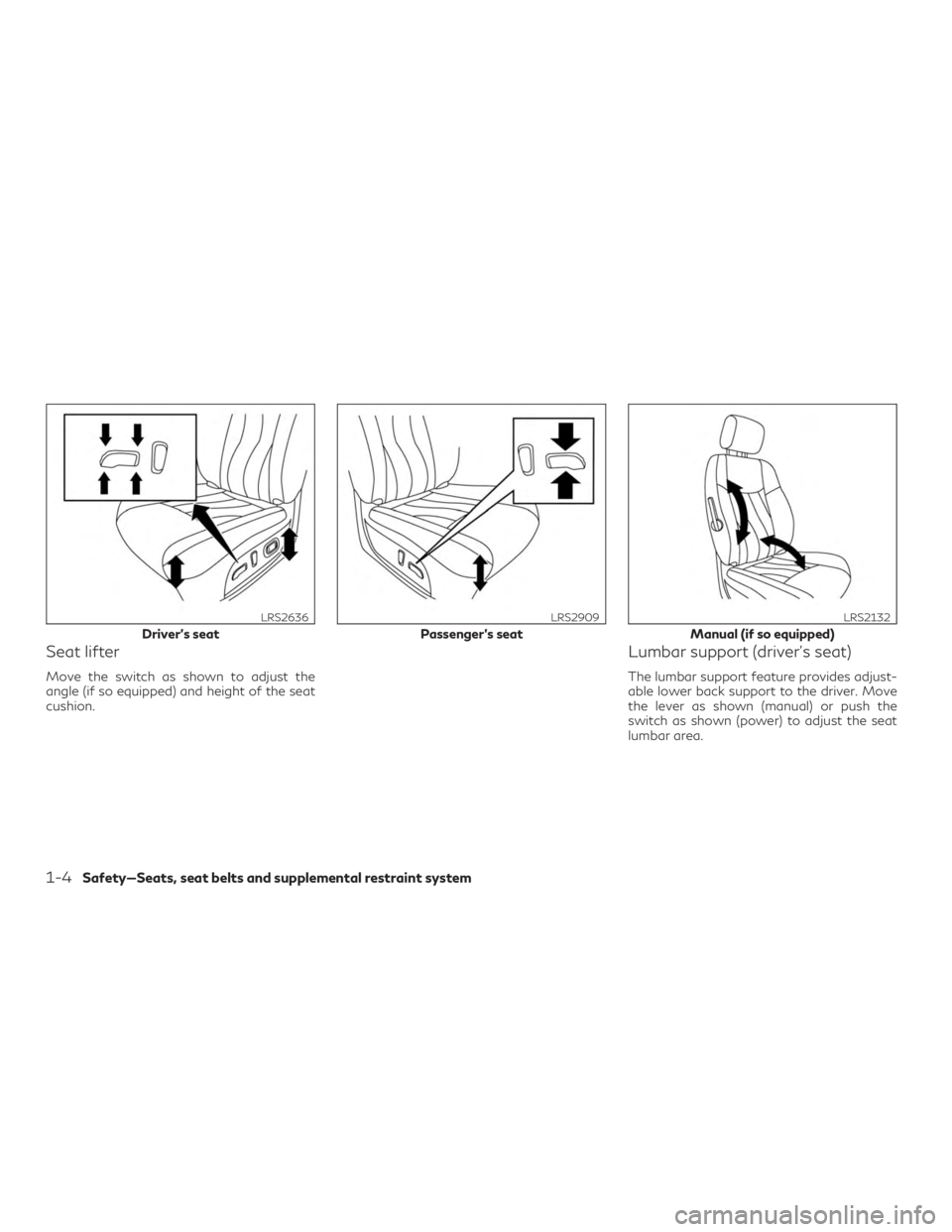 INFINITI QX60 2019 Owners Guide Seat lifter
Move the switch as shown to adjust the
angle (if so equipped) and height of the seat
cushion.
Lumbar support (driver’s seat)
The lumbar support feature provides adjust-
able lower back s