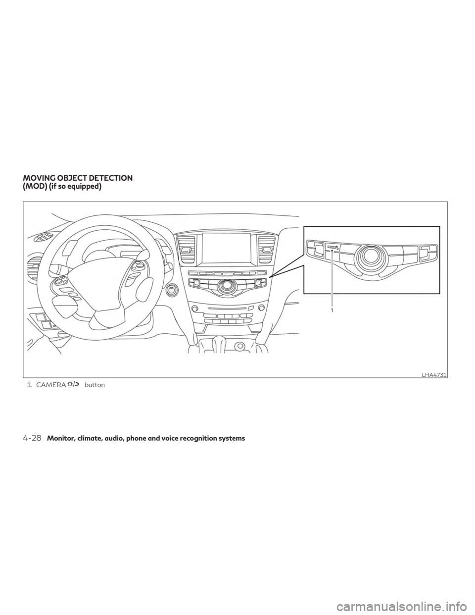 INFINITI QX60 2019  Owners Manual 1. CAMERAbutton
LHA4731
MOVING OBJECT DETECTION
(MOD) (if so equipped)
4-28Monitor, climate, audio, phone and voice recognition systems 