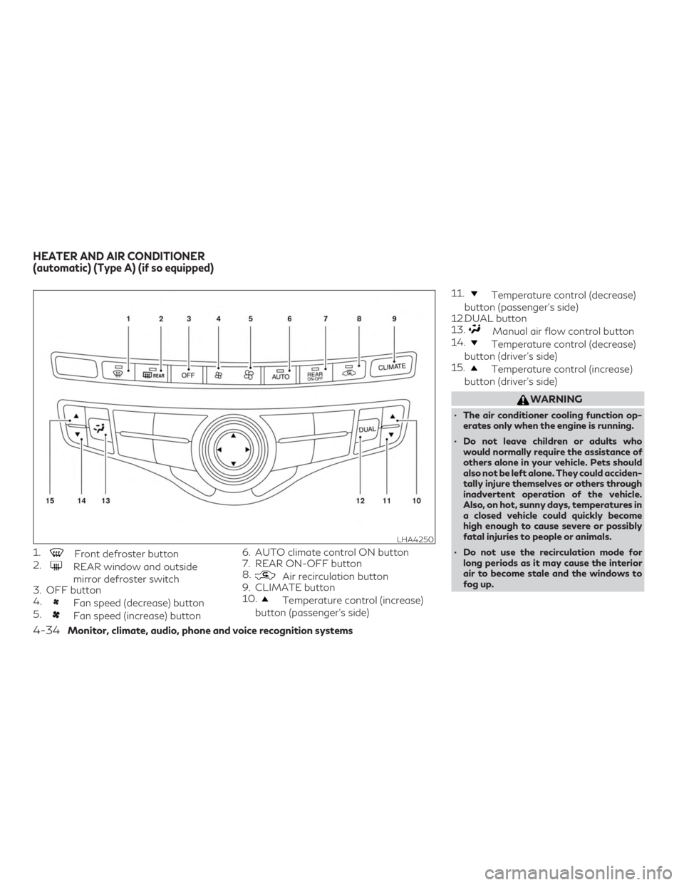 INFINITI QX60 2019 Service Manual 1.Front defroster button
2.
REAR window and outside
mirror defroster switch
3. OFF button
4.
Fan speed (decrease) button
5.
Fan speed (increase) button 6. AUTO climate control ON button
7. REAR ON-OFF