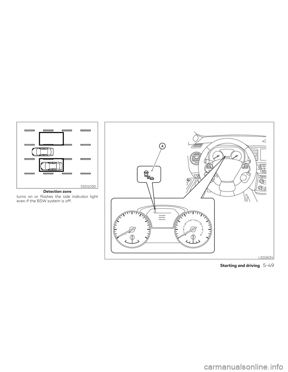 INFINITI QX60 2019 Owners Manual turns on or flashes the side indicator light
even if the BSW system is off.
Detection zone
SSD1030
LSD2634
Starting and driving5-49 INFINITI QX60 2019 Owners Manual turns on or flashes the side indicator light
even if the BSW system is off.
Detection zone
SSD1030
LSD2634
Starting and driving5-49