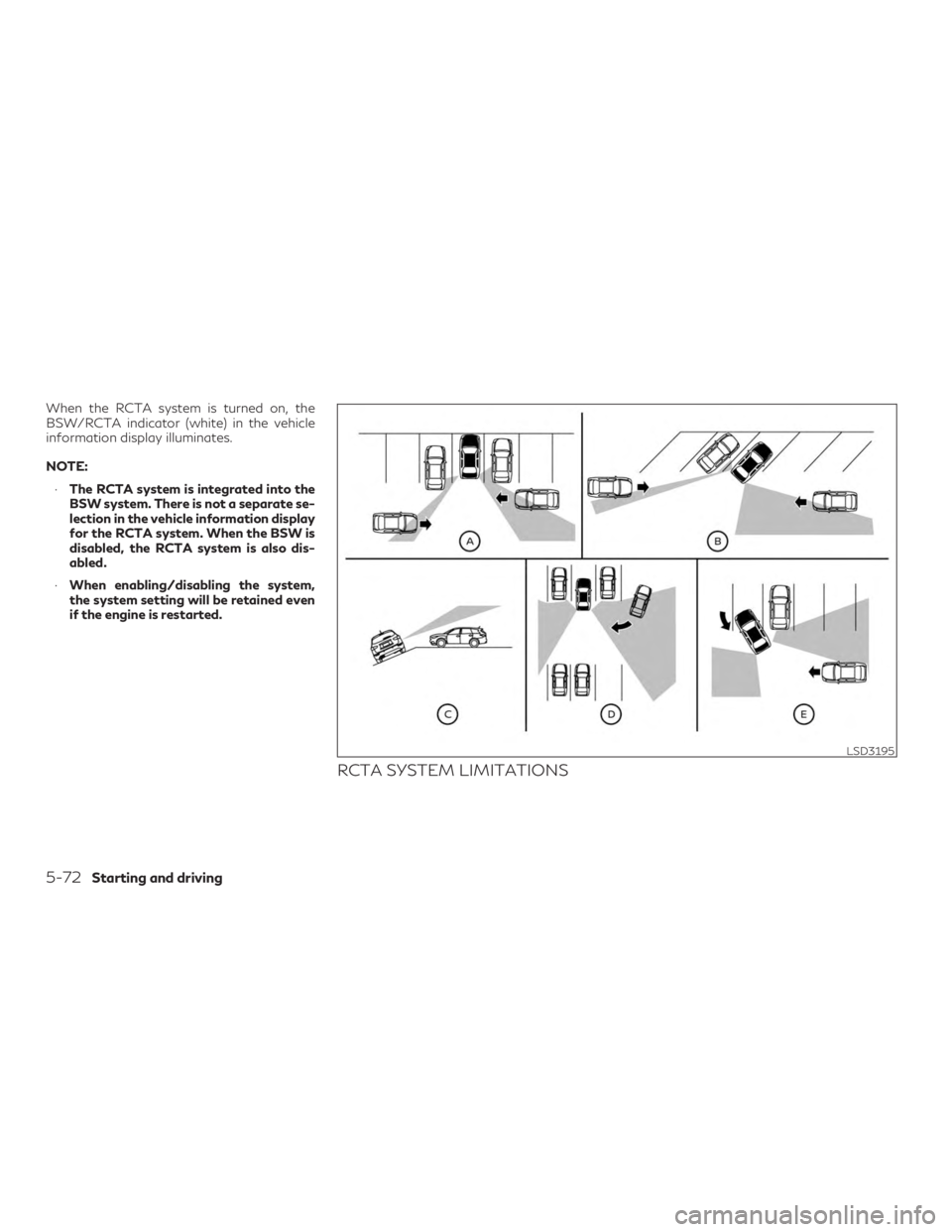 INFINITI QX60 2019 Manual Online When the RCTA system is turned on, the
BSW/RCTA indicator (white) in the vehicle
information display illuminates.
NOTE:∙ The RCTA system is integrated into the
BSW system. There is not a separate se INFINITI QX60 2019 Manual Online When the RCTA system is turned on, the
BSW/RCTA indicator (white) in the vehicle
information display illuminates.
NOTE:∙ The RCTA system is integrated into the
BSW system. There is not a separate se