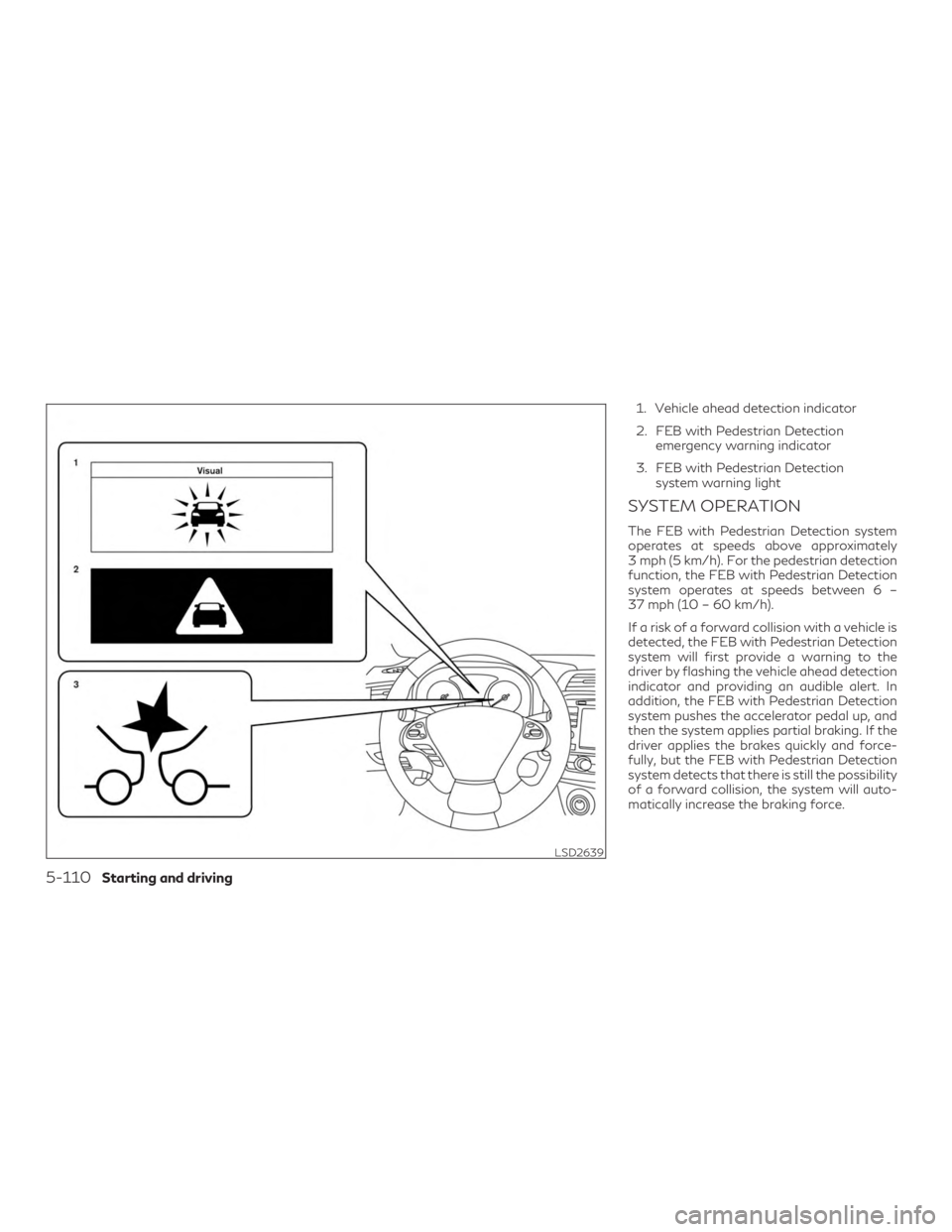 INFINITI QX60 2019  Owners Manual 1. Vehicle ahead detection indicator
2. FEB with Pedestrian Detectionemergency warning indicator
3. FEB with Pedestrian Detection system warning light
SYSTEM OPERATION
The FEB with Pedestrian Detectio