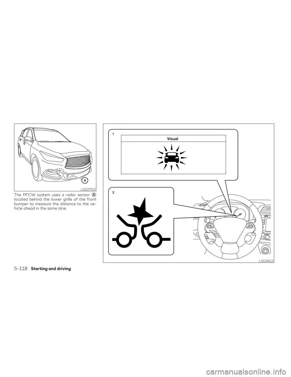 INFINITI QX60 2019  Owners Manual The PFCW system uses a radar sensorA
located behind the lower grille of the front
bumper to measure the distance to the ve-
hicle ahead in the same lane.
LSD2702
LSD2612
5-118Starting and driving 