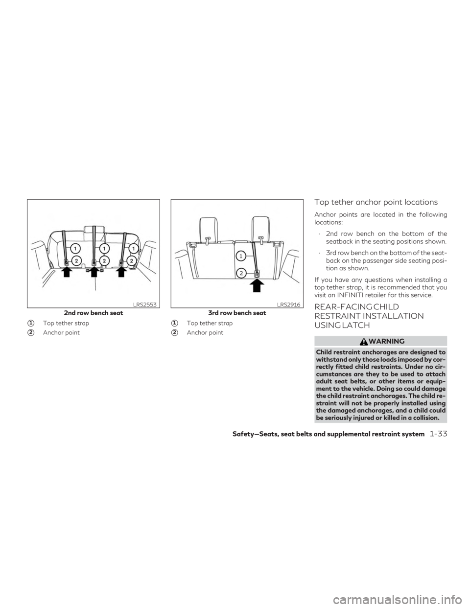 INFINITI QX60 2019 Workshop Manual 1Top tether strap
2Anchor point
1Top tether strap
2Anchor point
Top tether anchor point locations
Anchor points are located in the following
locations:∙ 2nd row bench on the bottom of the seatba