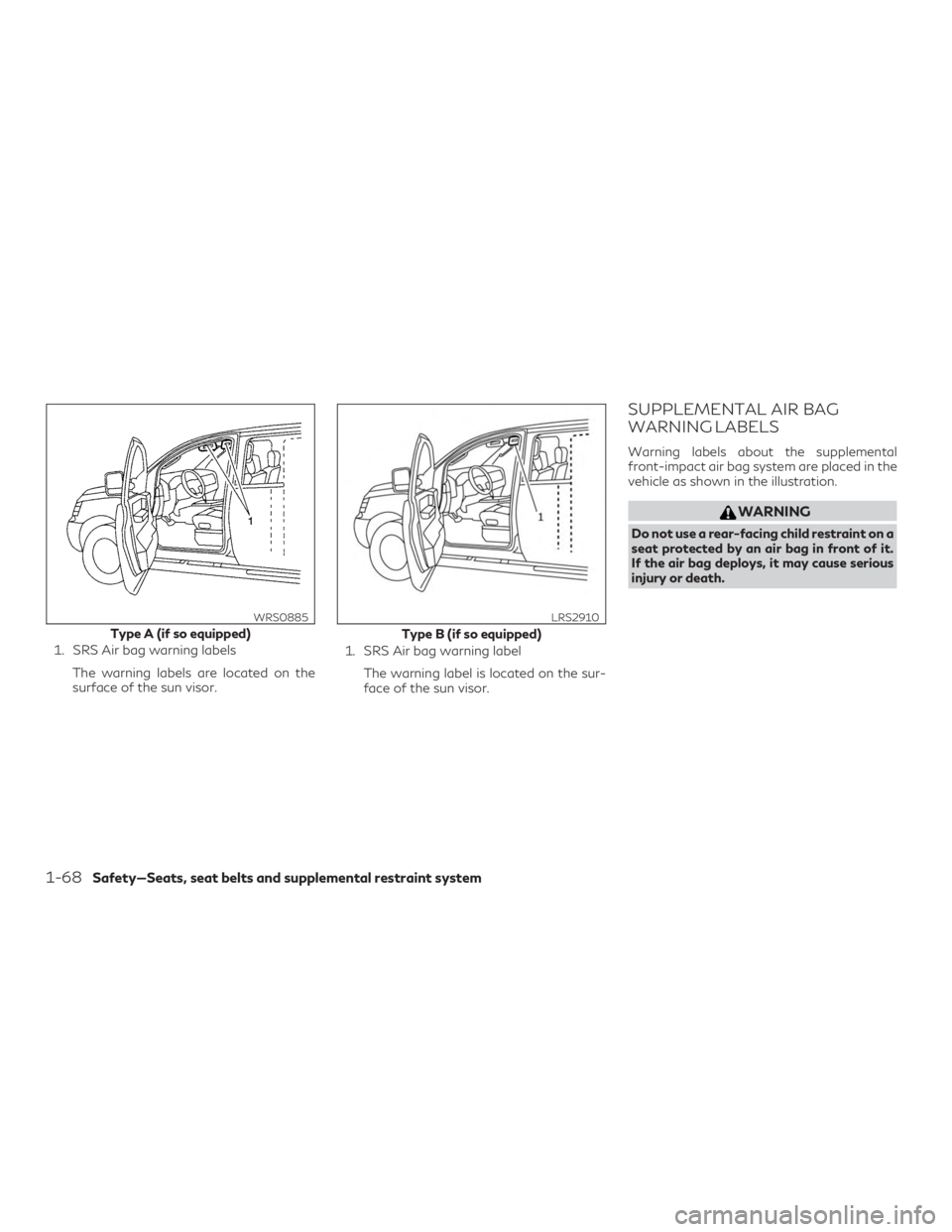 INFINITI QX60 2019 Manual Online 1. SRS Air bag warning labelsThe warning labels are located on the
surface of the sun visor. 1. SRS Air bag warning label
The warning label is located on the sur-
face of the sun visor.
SUPPLEMENTAL A INFINITI QX60 2019 Manual Online 1. SRS Air bag warning labelsThe warning labels are located on the
surface of the sun visor. 1. SRS Air bag warning label
The warning label is located on the sur-
face of the sun visor.
SUPPLEMENTAL A