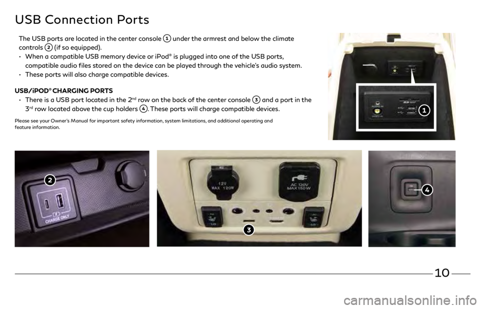 INFINITI QX60 2019  Quick Reference Guide 10
USB Connection Ports
    The USB ports are located in the center console  under the armrest and below the climate 
controls 
 (if so equipped).
 •

   
When a c
 ompatible USB memory device or iP