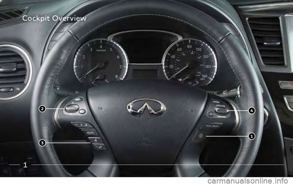 INFINITI QX60 2019 Quick Reference Guide 1
Cockpit Overview
3499324_19b_QX60_US_QRG_062118.indd 16/21/18 9:46 AM INFINITI QX60 2019 Quick Reference Guide 1
Cockpit Overview
3499324_19b_QX60_US_QRG_062118.indd 16/21/18 9:46 AM
