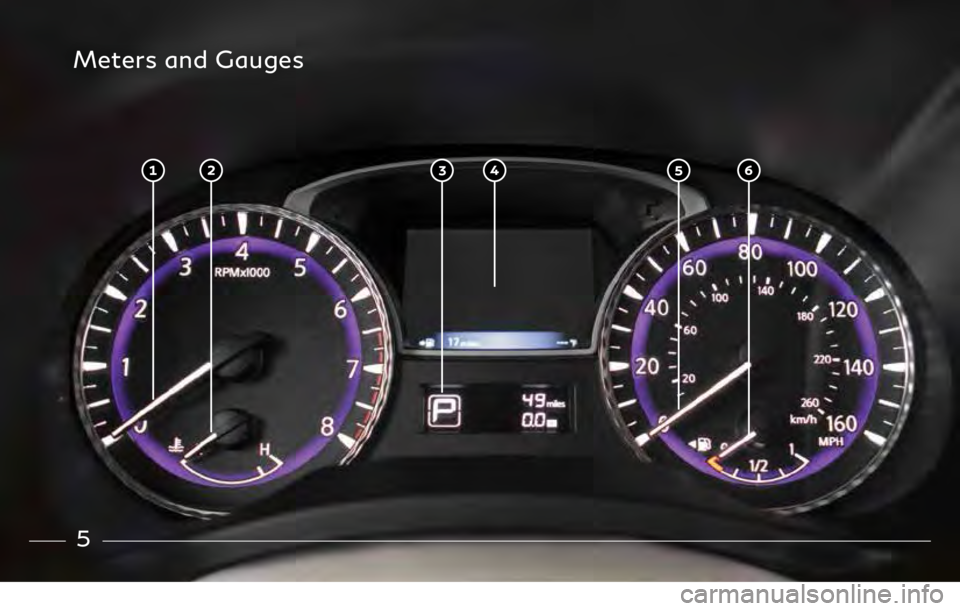 INFINITI QX60 2019  Quick Reference Guide 5
Meters and Gauges
3499324_19b_QX60_US_QRG_062118.indd   56/21/18   9:46 AM  
