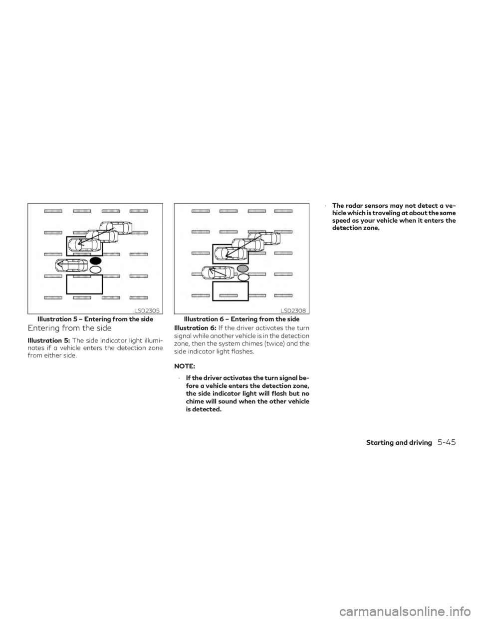 INFINITI QX60 2020  Owners Manual Entering from the side
Illustration 5:The side indicator light illumi-
nates if a vehicle enters the detection zone
from either side. Illustration 6:
If the driver activates the turn
signal while anot