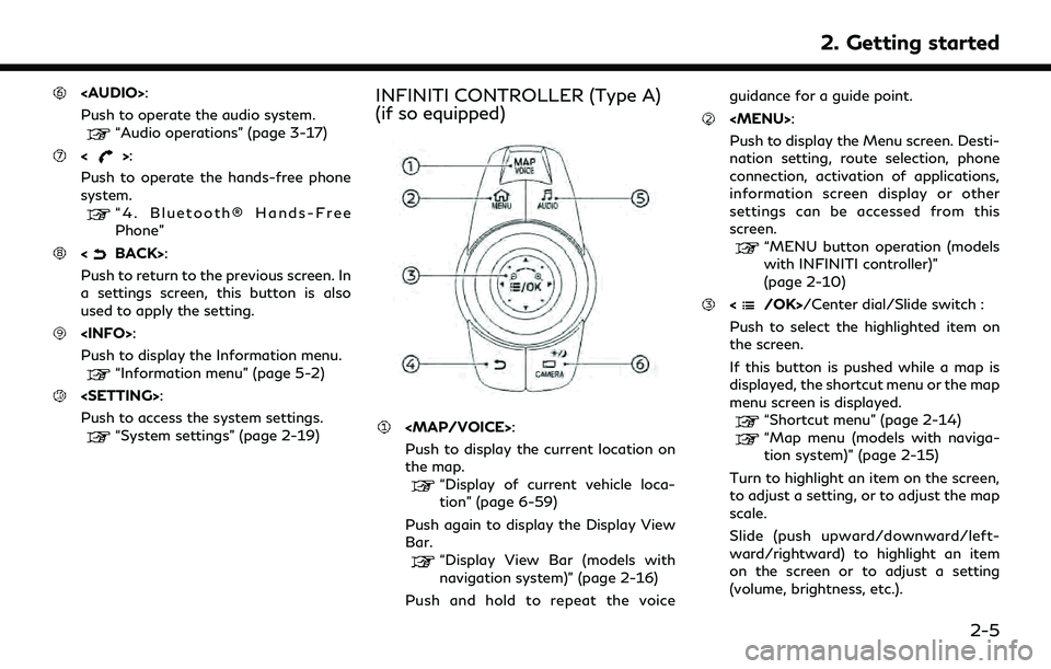 INFINITI QX60 2020 Infiniti Connection <AUDIO>:
Push to operate the audio system.
“Audio operations” (page 3-17)
<>:
Push to operate the hands-free phone
system.
“4. Bluetooth® Hands-Free
Phone”
<BACK>:
Push to return to the previ INFINITI QX60 2020 Infiniti Connection <AUDIO>:
Push to operate the audio system.
“Audio operations” (page 3-17)
<>:
Push to operate the hands-free phone
system.
“4. Bluetooth® Hands-Free
Phone”
<BACK>:
Push to return to the previ