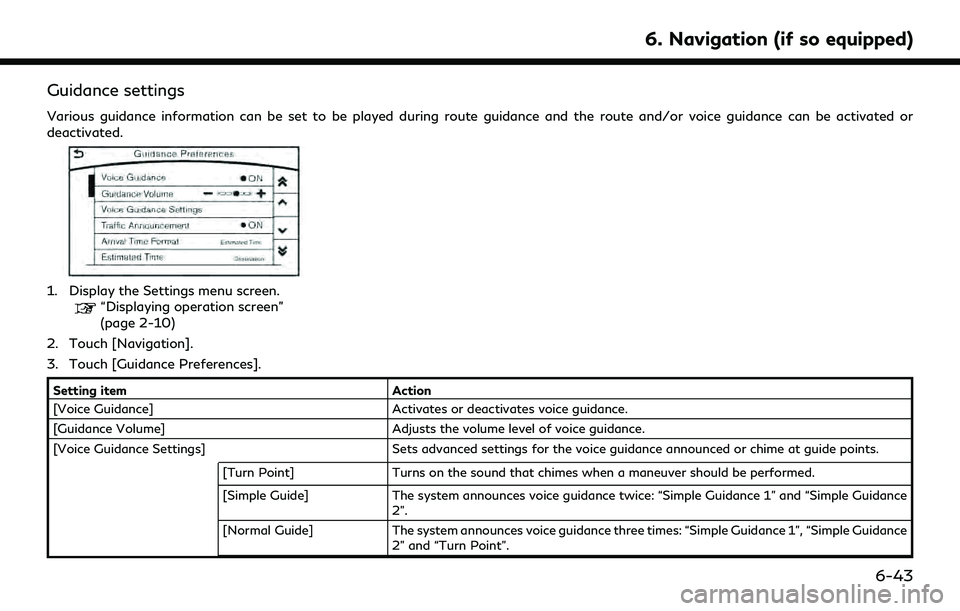 INFINITI QX60 2020 Infiniti Connection Guidance settings
Various guidance information can be set to be played during route guidance and the route and/or voice guidance can be activated or
deactivated.
1. Display the Settings menu screen.
INFINITI QX60 2020 Infiniti Connection Guidance settings
Various guidance information can be set to be played during route guidance and the route and/or voice guidance can be activated or
deactivated.
1. Display the Settings menu screen.