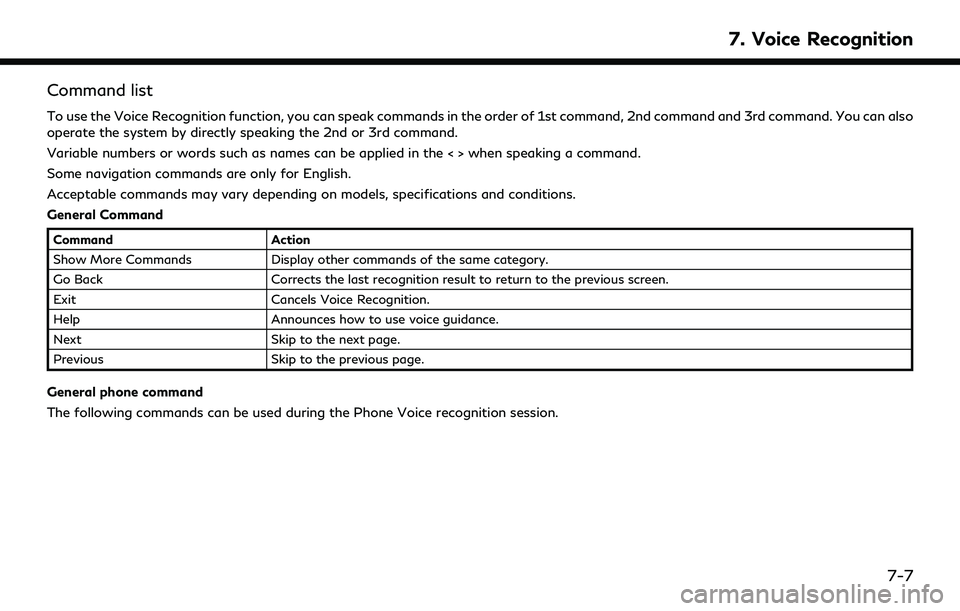 INFINITI QX60 2020 Infiniti Connection Command list
To use the Voice Recognition function, you can speak commands in the order of 1st command, 2nd command and 3rd command. You can also
operate the system by directly speaking the 2nd or 3rd INFINITI QX60 2020 Infiniti Connection Command list
To use the Voice Recognition function, you can speak commands in the order of 1st command, 2nd command and 3rd command. You can also
operate the system by directly speaking the 2nd or 3rd