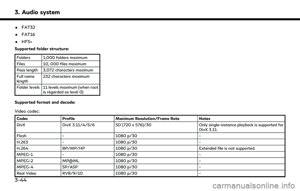 INFINITI QX60 2020 Infiniti Connection 3. Audio system
.FAT32
. FAT16
. HFS+
Supported folder structure:
Folders 1,000 folders maximum
Files 10, 000 files maximum
Pass length 3,072 characters maximum
Full name
length 232 characters maximum INFINITI QX60 2020 Infiniti Connection 3. Audio system
.FAT32
. FAT16
. HFS+
Supported folder structure:
Folders 1,000 folders maximum
Files 10, 000 files maximum
Pass length 3,072 characters maximum
Full name
length 232 characters maximum