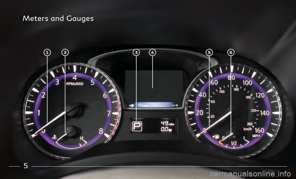 INFINITI QX60 2020 Quick Reference Guide 5
Meters and Gauges INFINITI QX60 2020 Quick Reference Guide 5
Meters and Gauges