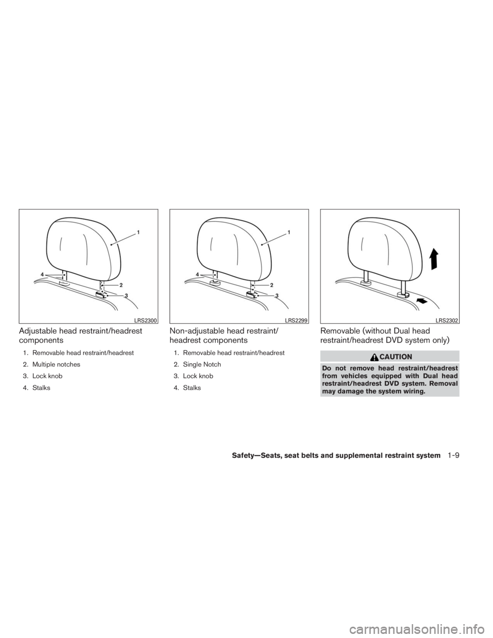 INFINITI QX60 HYBRID 2014  Owners Manual Adjustable head restraint/headrest
components
1. Removable head restraint/headrest
2. Multiple notches
3. Lock knob
4. Stalks
Non-adjustable head restraint/
headrest components
1. Removable head restr