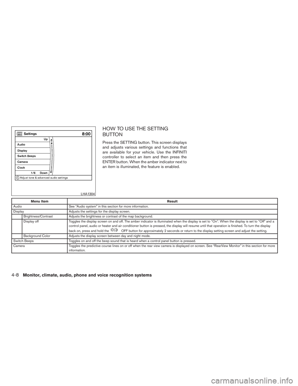 INFINITI QX60 HYBRID 2014  Owners Manual HOW TO USE THE SETTING
BUTTON
Press the SETTING button. This screen displays
and adjusts various settings and functions that
are available for your vehicle. Use the INFINITI
controller to select an it