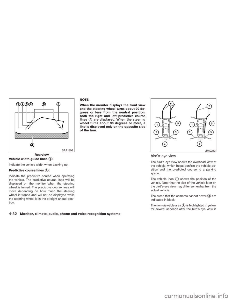 INFINITI QX60 HYBRID 2014  Owners Manual Vehicle width guide lines5:
Indicate the vehicle width when backing up.
Predictive course lines
6:
Indicate the predictive course when operating
the vehicle. The predictive course lines will be
disp