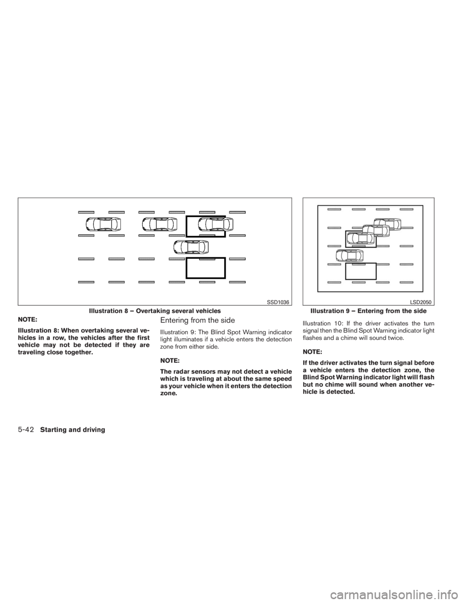 INFINITI QX60 HYBRID 2014  Owners Manual NOTE:
Illustration 8: When overtaking several ve-
hicles in a row, the vehicles after the first
vehicle may not be detected if they are
traveling close together.Entering from the side
Illustration 9: 