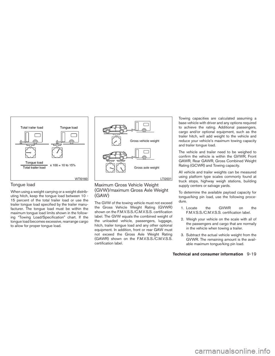 INFINITI QX60 HYBRID 2014  Owners Manual Tongue load
When using a weight carrying or a weight distrib-
uting hitch, keep the tongue load between 10 -
15 percent of the total trailer load or use the
trailer tongue load specified by the traile