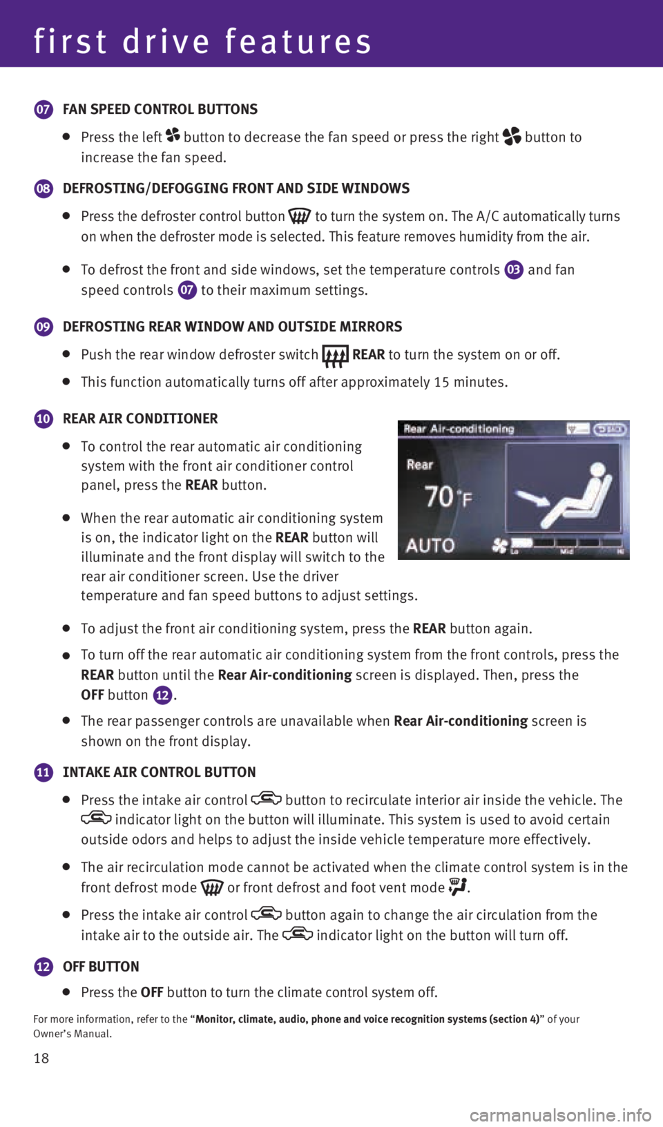 INFINITI QX60 HYBRID 2014  Quick Reference Guide first drive features
18
07 FAN SPEED CONTROL BUTTONS 
  
   
Press the left  button to decrease the fan speed or press the right
  button to 
increase the fan speed. 
08  DEFROSTING/DEFOGGING FRONT AN