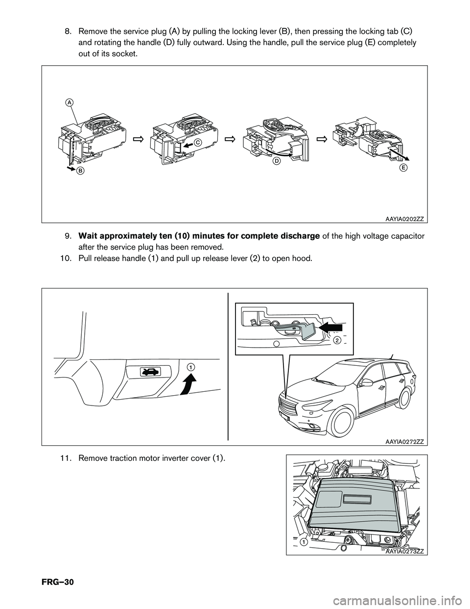 INFINITI QX60 HYBRID 2014  First Responder´s 8. Remove the service plug (A) by pulling the locking lever (B) , then pressing the locking tab (C)and rotating the handle (D) fully outward. Using the handle, pull the service plug (E) completely 
ou