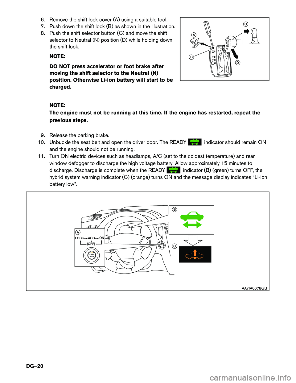INFINITI QX60 HYBRID 2014  Dismantling Guide 6. Remove the shift lock cover (A) using a suitable tool. 
7. Push down the shift lock (B) as shown in the illustration.
8. Push the shift selector button (C) and move the shiftselector to Neutral (N)