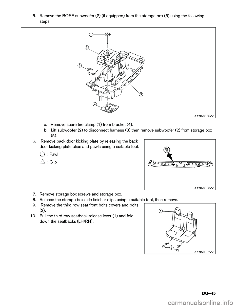 INFINITI QX60 HYBRID 2014  Dismantling Guide 5. Remove the BOSE subwoofer (2) (if equipped) from the storage box (5) using the followingsteps.
a. Remove spare tire clamp (1) from bracket (4) . 
b. Lift subwoofer (2) to disconnect harness (3) the