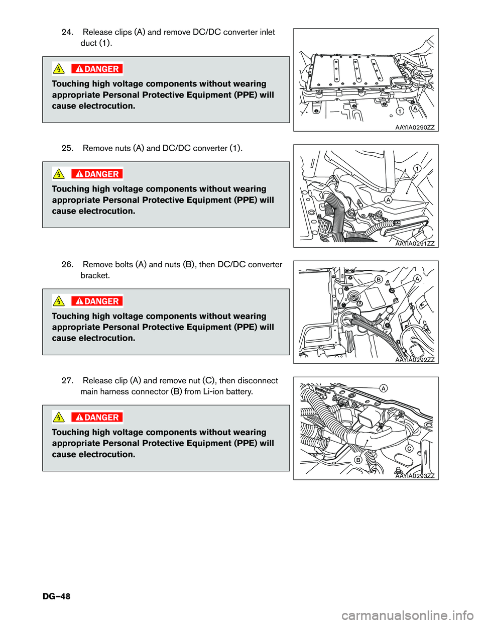 INFINITI QX60 HYBRID 2014  Dismantling Guide 24. Release clips (A) and remove DC/DC converter inletduct (1) .
Touching high voltage components without wearing 
appropriate Personal Protective Equipment (PPE) will
cause electrocution.
25. Remove 