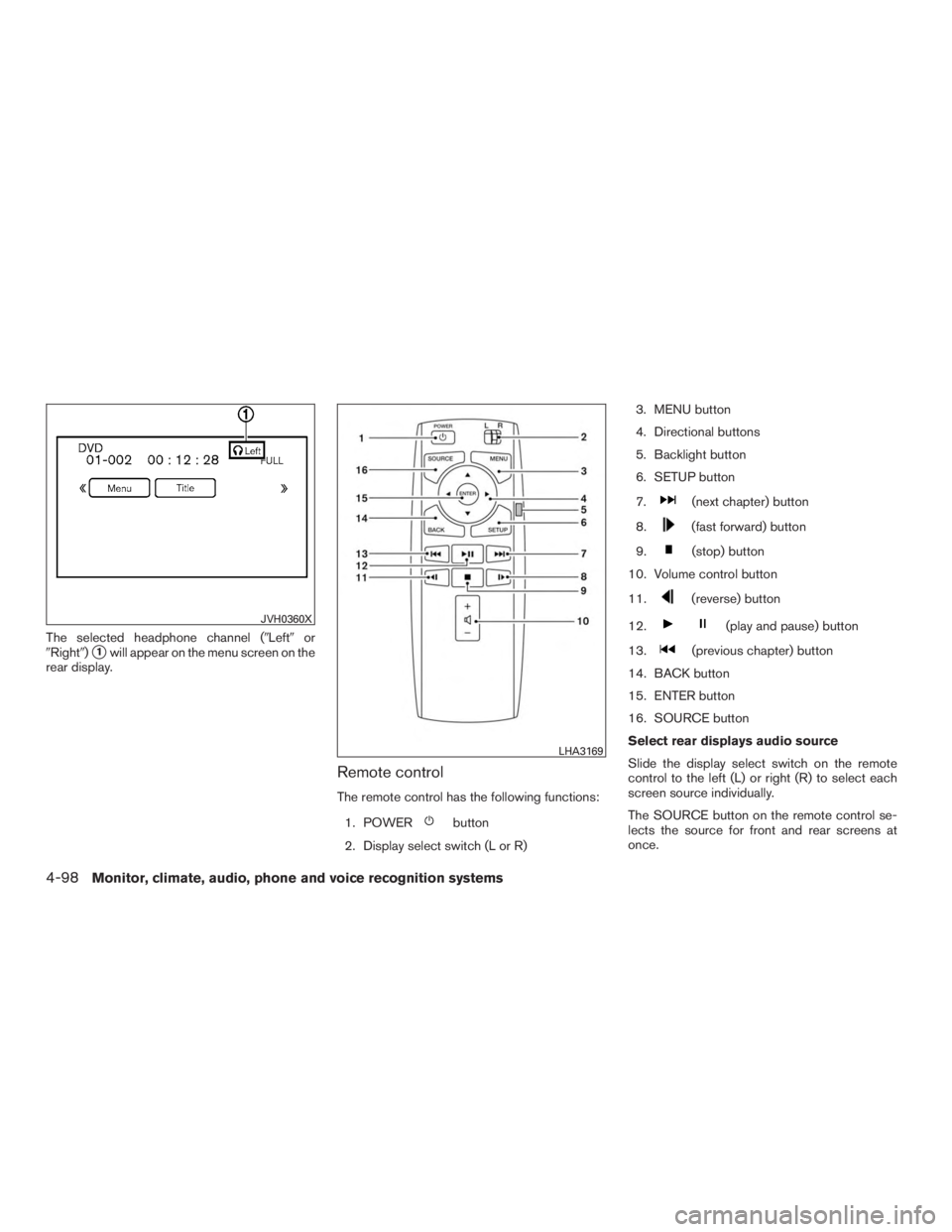INFINITI QX60 HYBRID 2015  Owners Manual The selected headphone channel (Leftor
Right)
1will appear on the menu screen on the
rear display.
Remote control
The remote control has the following functions:
1. POWER
button
2. Display select