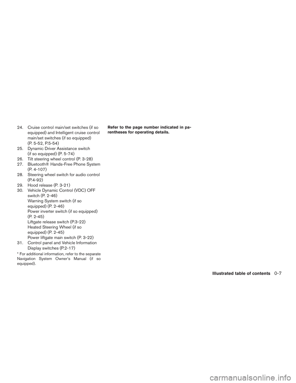 INFINITI QX60 HYBRID 2015 Owners Guide 24. Cruise control main/set switches (if soequipped) and Intelligent cruise control
main/set switches (if so equipped)
(P. 5-52, P.5-54)
25. Dynamic Driver Assistance switch
(if so equipped) (P. 5-74) INFINITI QX60 HYBRID 2015 Owners Guide 24. Cruise control main/set switches (if soequipped) and Intelligent cruise control
main/set switches (if so equipped)
(P. 5-52, P.5-54)
25. Dynamic Driver Assistance switch
(if so equipped) (P. 5-74)