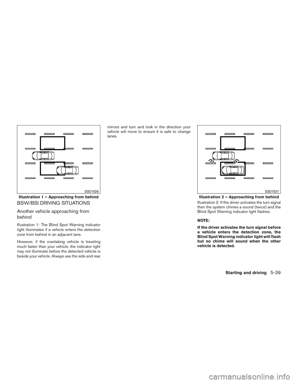 INFINITI QX60 HYBRID 2015 Owners Manual BSW/BSI DRIVING SITUATIONS
Another vehicle approaching from
behind
Illustration 1: The Blind Spot Warning indicator
light illuminates if a vehicle enters the detection
zone from behind in an adjacent INFINITI QX60 HYBRID 2015 Owners Manual BSW/BSI DRIVING SITUATIONS
Another vehicle approaching from
behind
Illustration 1: The Blind Spot Warning indicator
light illuminates if a vehicle enters the detection
zone from behind in an adjacent