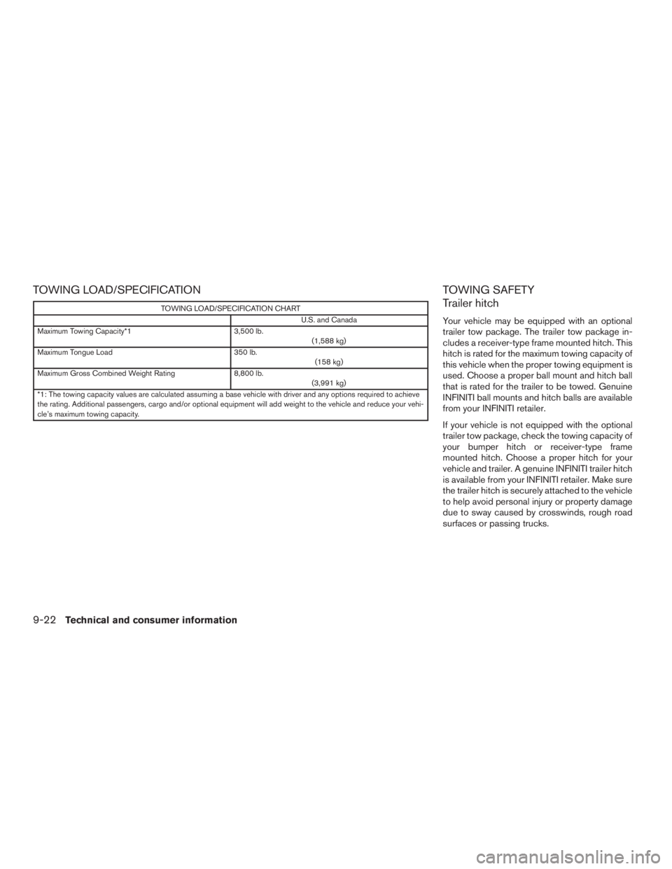 INFINITI QX60 HYBRID 2015  Owners Manual TOWING LOAD/SPECIFICATION
TOWING LOAD/SPECIFICATION CHARTU.S. and Canada
Maximum Towing Capacity*1 3,500 lb.
(1,588 kg)
Maximum Tongue Load 350 lb.
(158 kg)
Maximum Gross Combined Weight Rating 8,800 