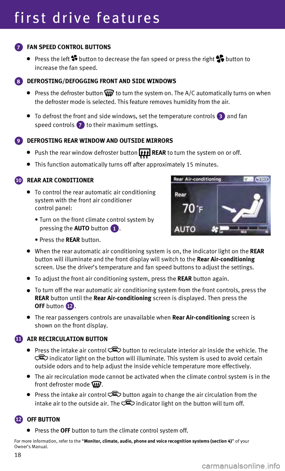 INFINITI QX60 HYBRID 2015  Quick Reference Guide 18
first drive features
7 FAN SPEED CONTROL BUTTONS 
   
 Press the left  button to decrease the fan speed or press the right
  button to 
increase the fan speed. 
8 DEFROSTING/DEFOGGING FRONT AND SID