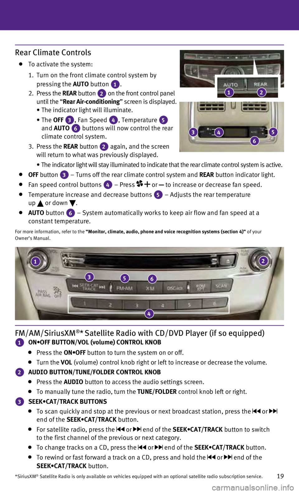 INFINITI QX60 HYBRID 2015  Quick Reference Guide 19
21
356
4
FM/AM/SiriusXM®* Satellite Radio with CD/DVD Player (if so equipped)
1 ON•OFF BUTTON/VOL (volume) CONTROL KNOB
      Press the ON•OFF button to turn the system on or off.
    Turn the